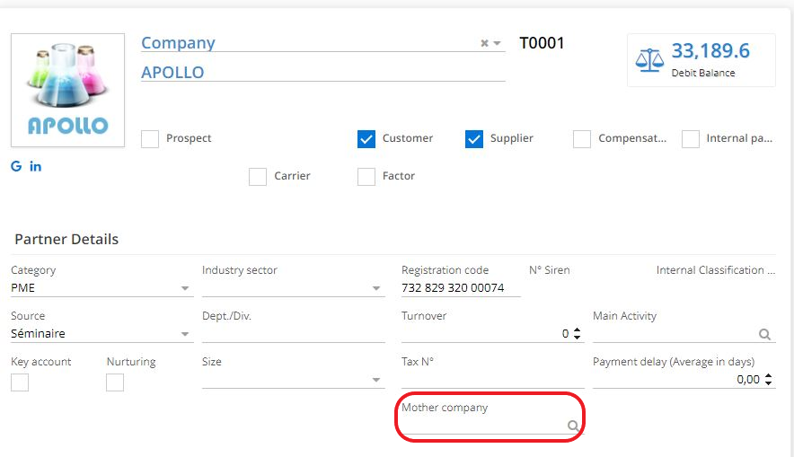 1.2 Once you have activated the option Manage subsidiaries on Partners, you will notice that the Mother Company field has appeared. If there is a need, enter a Mother Company.